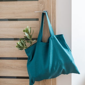 Large and wide teal blue linen shopping bag. Linen shoulder bag. Market bag. Natural linen tote bag. Beach bag. Grocery bag. Street bag image 1