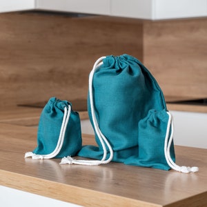 Teal blue linen bread bag set. Reusable linen bread bag. Zero waste storage bag. Natural linen drawstring bag. Sustainable food storage. image 1