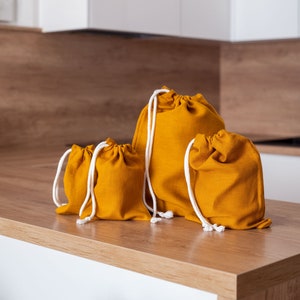 Mustard yellow linen bread bag set. Reusable linen bread bag. Zero waste storage bag. Yellow drawstring bag. Sustainable food storage. image 1