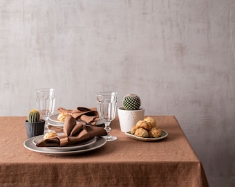 Cocoa brown linen tablecloth. Warm brown table linen. Various colors. Sustainable table decor. Custom size tablecloth