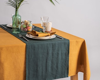 Forest green linen table runner. Softened linen table runner. Sustainable table decor. Kitchen table runner. Natural linen table decor