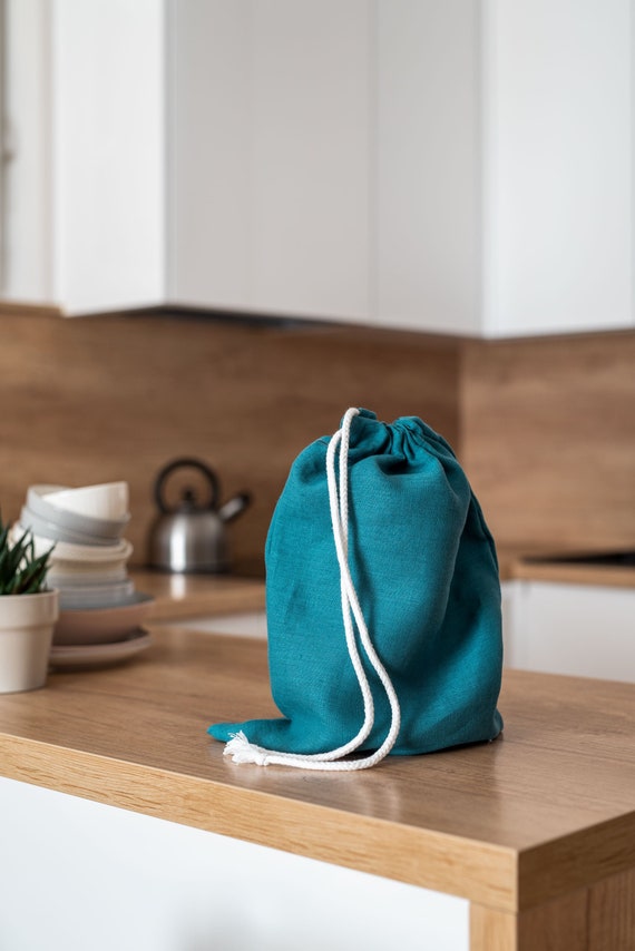 Reusable Linen Bread Bag. Zero Waste Food Storage Bag. Teal Blue Drawstring  Bag. Sustainable Food Storage. Natural Kitchen Linens 