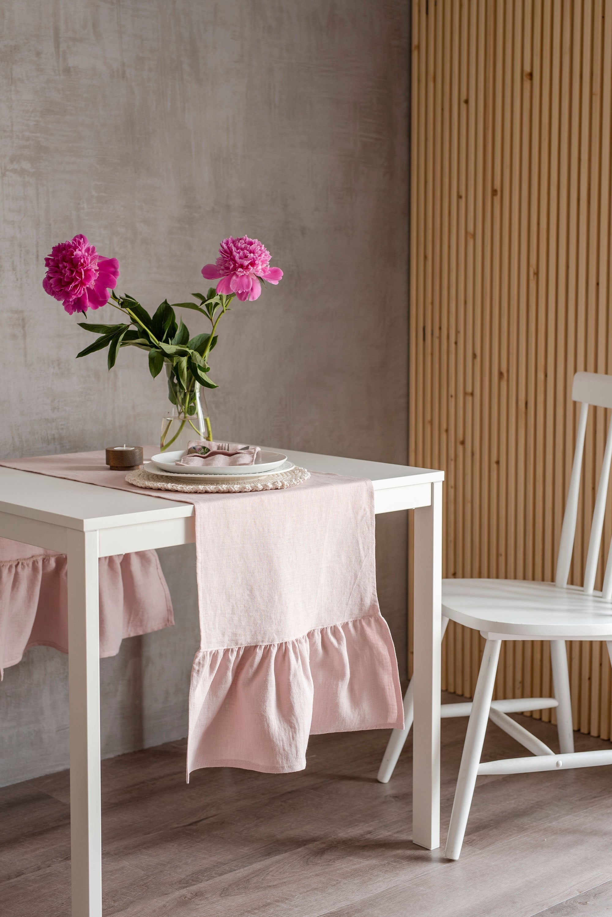 Blush pink linen table runner with ruffle. Ruffled linen table Etsy