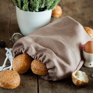 Reusable linen bread bag. Zero waste food storage bag. Light brown drawstring bag. Sustainable food storage. Natural kitchen linens