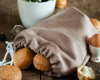 Reusable linen bread bag. Zero waste food storage bag. Light brown drawstring bag. Sustainable food storage. Natural kitchen linens