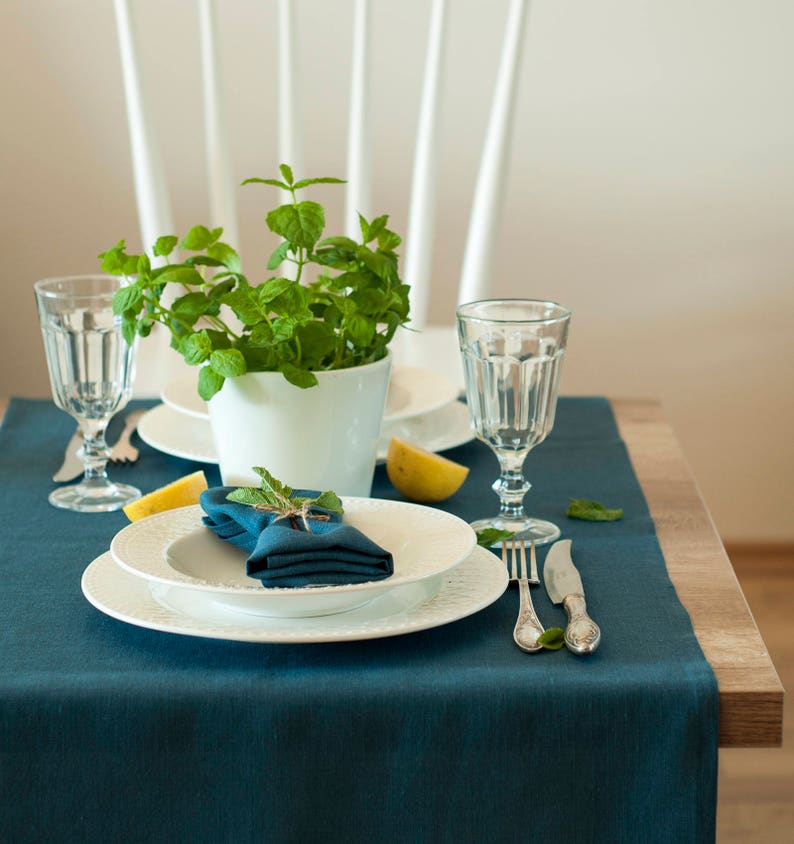 Ocean blue linen table runner Rustic wedding table runner Natural linen table decor Softened linen table runner Kitchen table runner