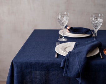 Navy blue linen tablecloth. Various colors. Sustainable Christmas table decor. Rectangular, square tablecloths. Custom size tablecloth