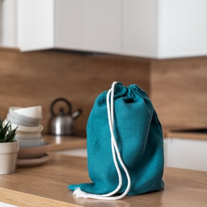 Teal blue linen bread bag set. Reusable linen bread bag. Zero waste storage bag. Natural linen drawstring bag. Sustainable food storage. image 3