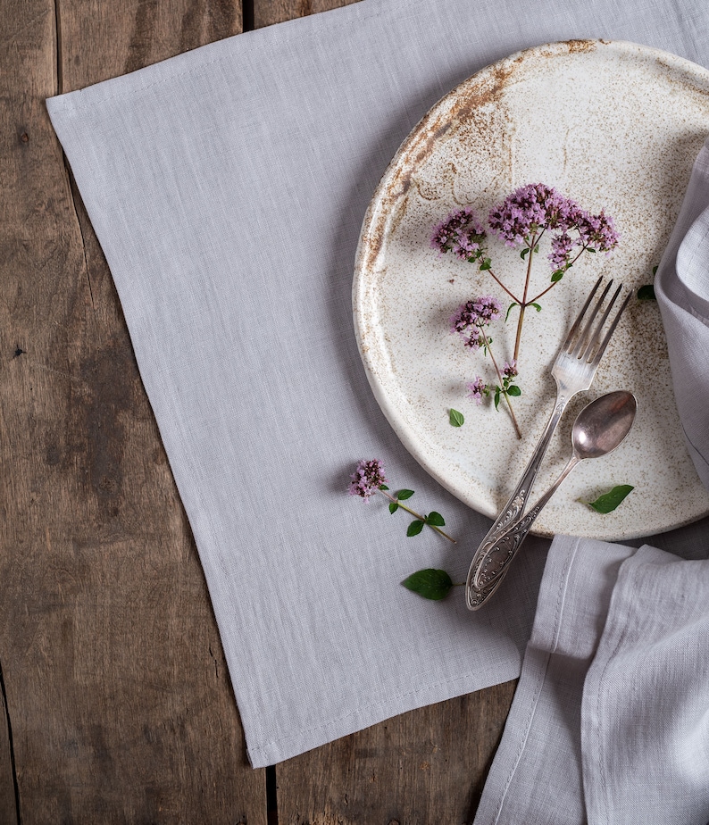 Light grey linen placemats. Softened linen placemats set. Linen dinner placemats. Handmade table linens. Linen dinner table set image 1