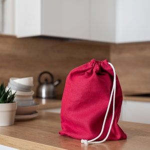 Teal blue linen bread bag set. Reusable linen bread bag. Zero waste storage bag. Natural linen drawstring bag. Sustainable food storage. image 8