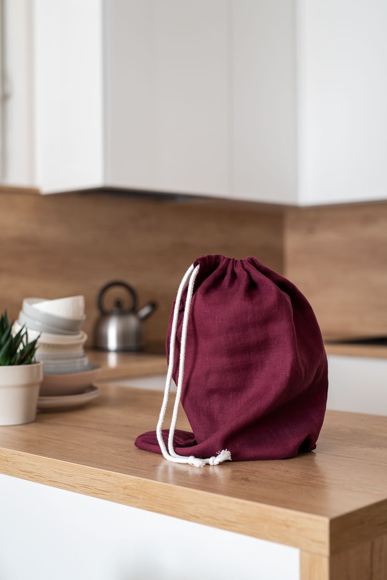 Mustard yellow linen bread bag set. Reusable linen bread bag. Zero waste storage bag. Yellow drawstring bag. Sustainable food storage. image 5