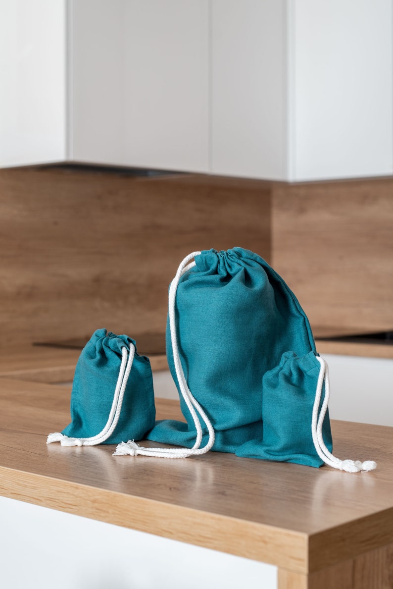 Teal blue linen bread bag set. Reusable linen bread bag. Zero waste storage bag. Natural linen drawstring bag. Sustainable food storage. image 1
