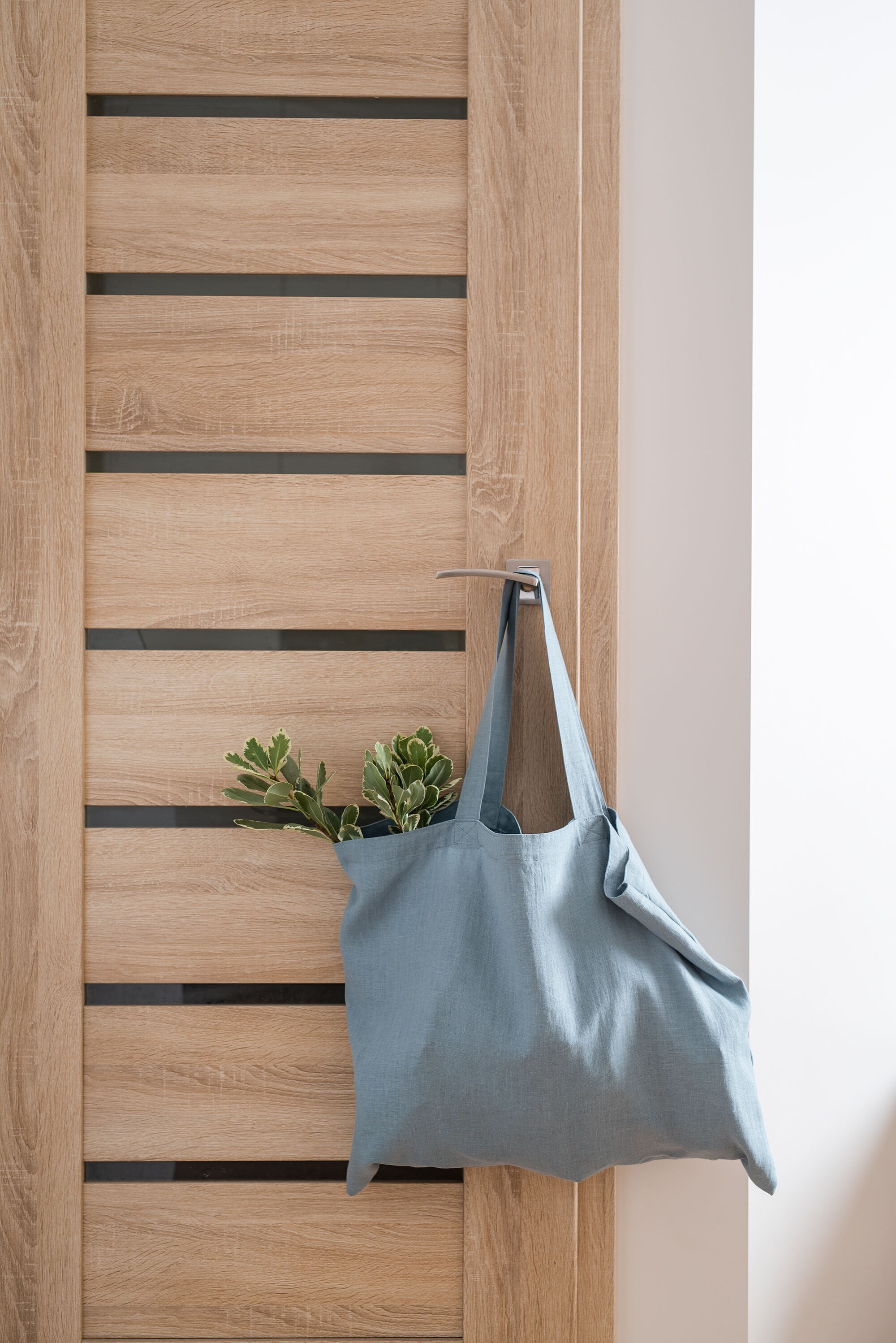 Large and wide dusty blue linen shopping bag. Linen shoulder bag. Market bag. Natural linen tote bag. Beach bag. Grocery bag. Street bag