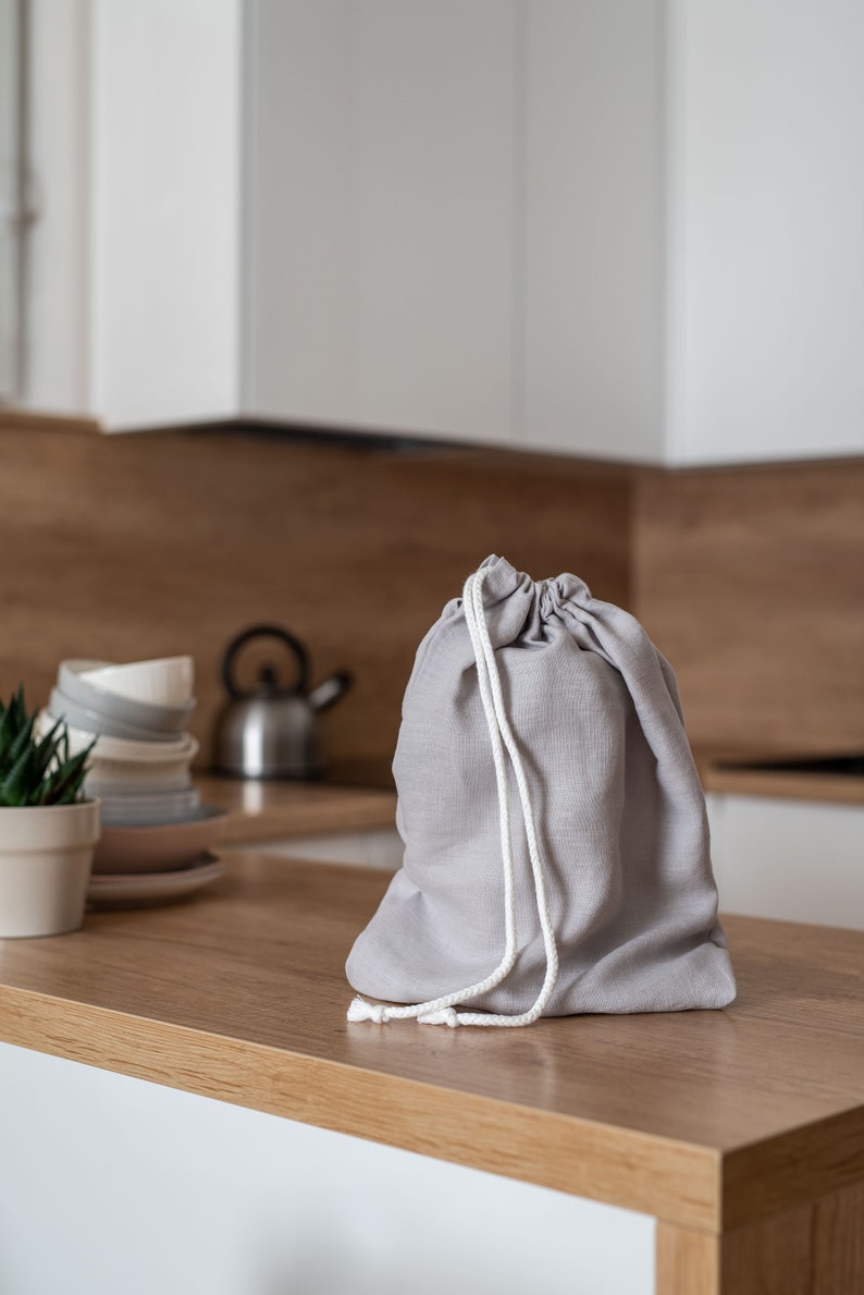 Mustard yellow linen bread bag set. Reusable linen bread bag. Zero waste storage bag. Yellow drawstring bag. Sustainable food storage. image 7