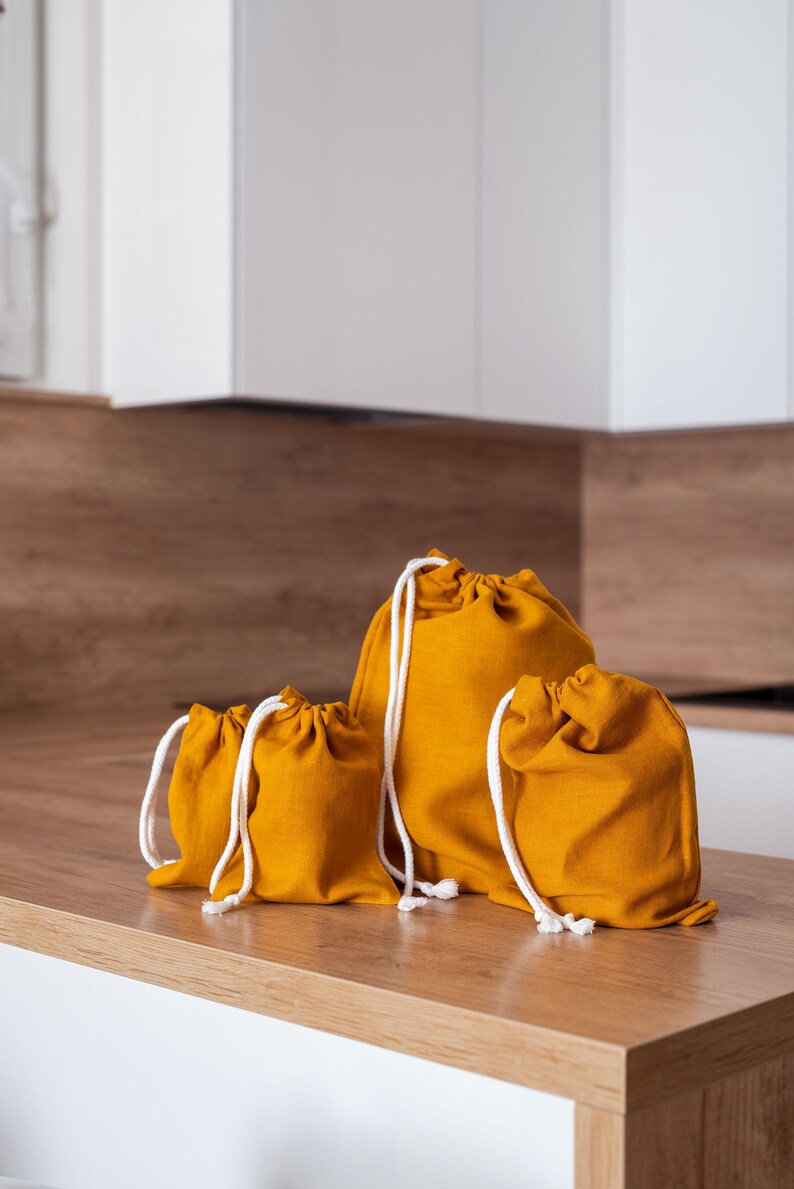 Mustard yellow linen bread bag set. Reusable linen bread bag. Zero waste storage bag. Yellow drawstring bag. Sustainable food storage. image 1