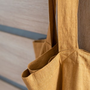 Large and wide mustard yellow linen shopping bag. Linen shoulder bag. Market bag. Natural linen tote bag. Beach bag. Grocery bag. Street bag image 2