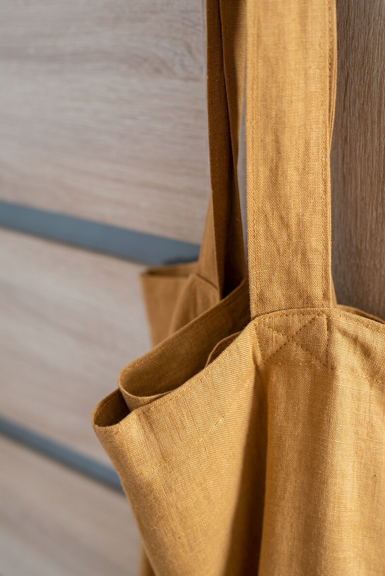 Large and wide mustard yellow linen shopping bag. Linen shoulder bag. Market bag. Natural linen tote bag. Beach bag. Grocery bag. Street bag image 2