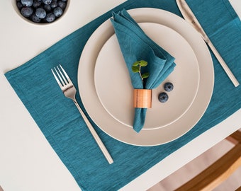 Teal blue linen placemats. Set of 2, 4, 6, 8, 12 placemats. Kitchen table linen. Housewarming gift. Natural home decor.
