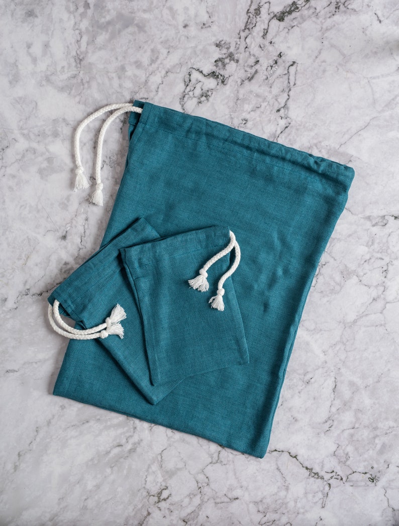 Teal blue linen bread bag set. Reusable linen bread bag. Zero waste storage bag. Natural linen drawstring bag. Sustainable food storage. image 2