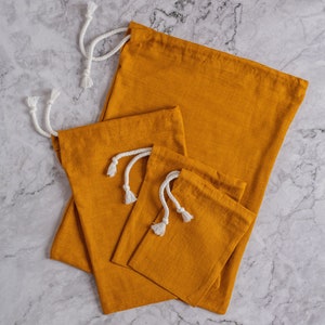 Mustard yellow linen bread bag set. Reusable linen bread bag. Zero waste storage bag. Yellow drawstring bag. Sustainable food storage. image 2