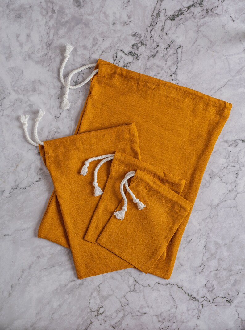 Mustard yellow linen bread bag set. Reusable linen bread bag. Zero waste storage bag. Yellow drawstring bag. Sustainable food storage. image 2