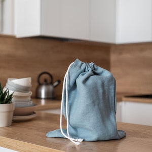 Mustard yellow linen bread bag set. Reusable linen bread bag. Zero waste storage bag. Yellow drawstring bag. Sustainable food storage. image 8