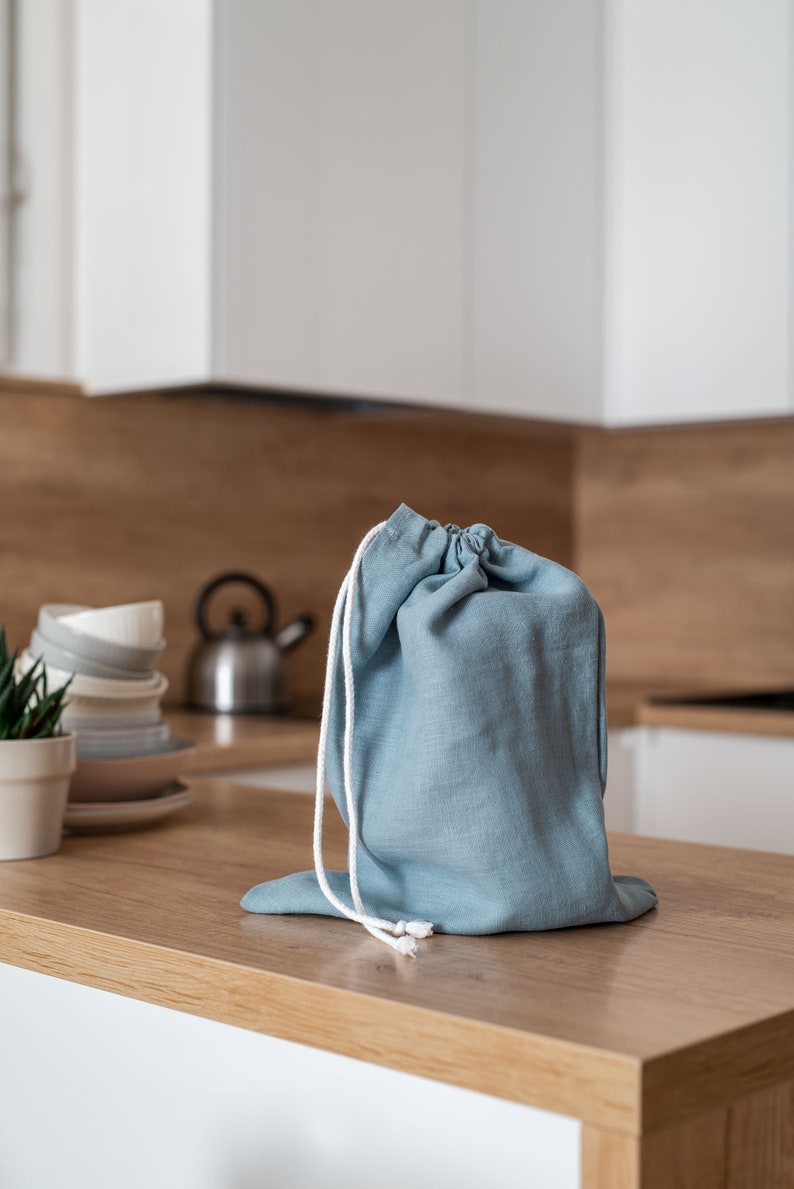 Mustard yellow linen bread bag set. Reusable linen bread bag. Zero waste storage bag. Yellow drawstring bag. Sustainable food storage. image 8