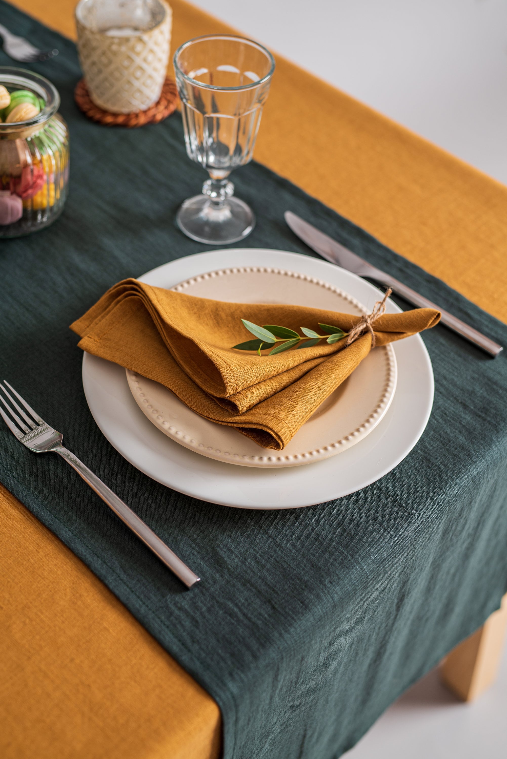 (5) Yellow Cloth Napkins 2 Napkin Rings Goldenrod Mustard Boho Thanksgiving