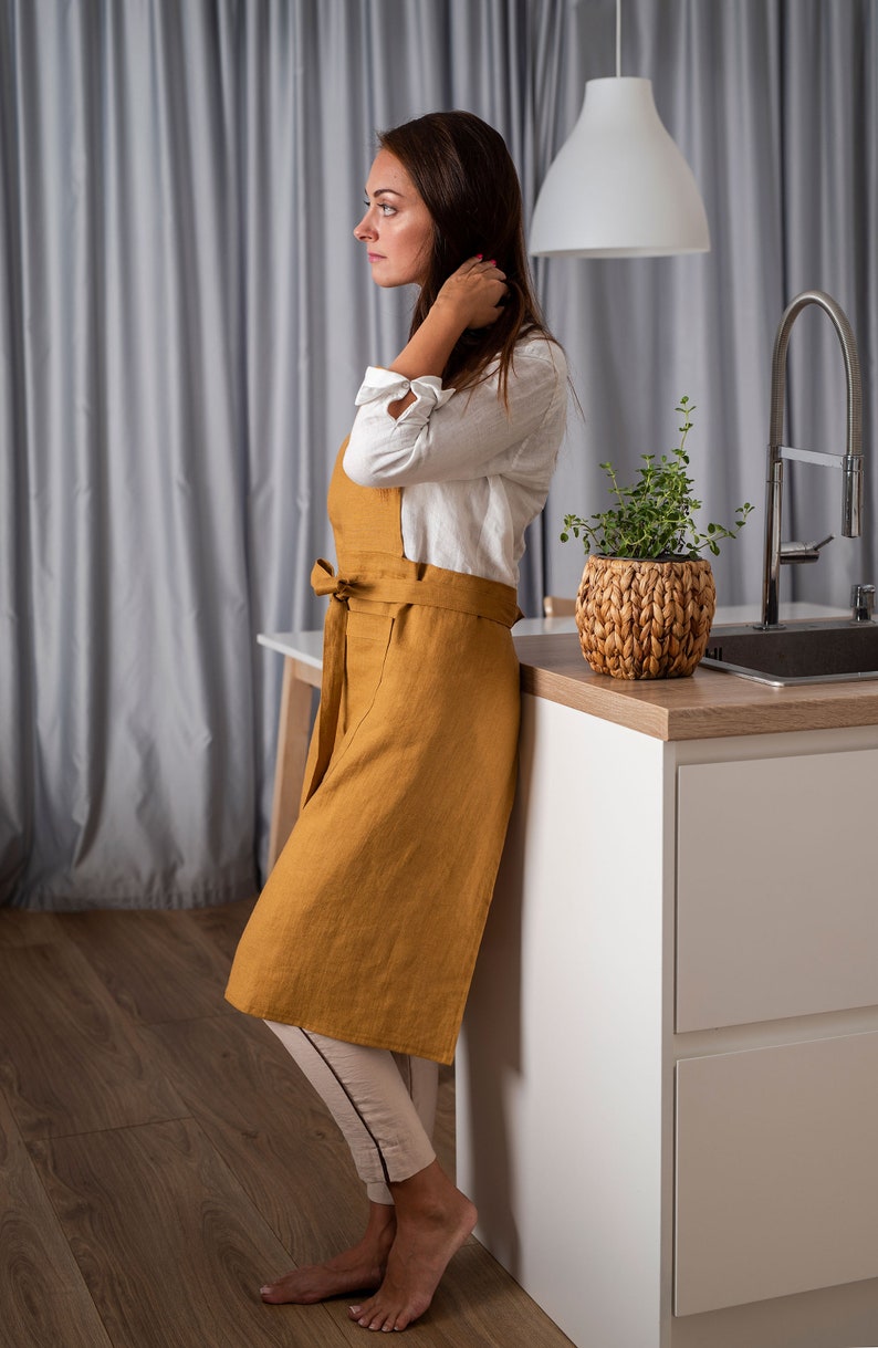Mustard Yellow Linen Apron. Classic Kitchen Apron With Two Etsy