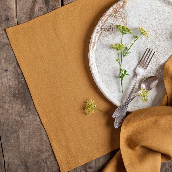 Mustard yellow linen placemats. Softened linen placemats set. Linen dinner placemats. Handmade table linens. Linen dinner table set