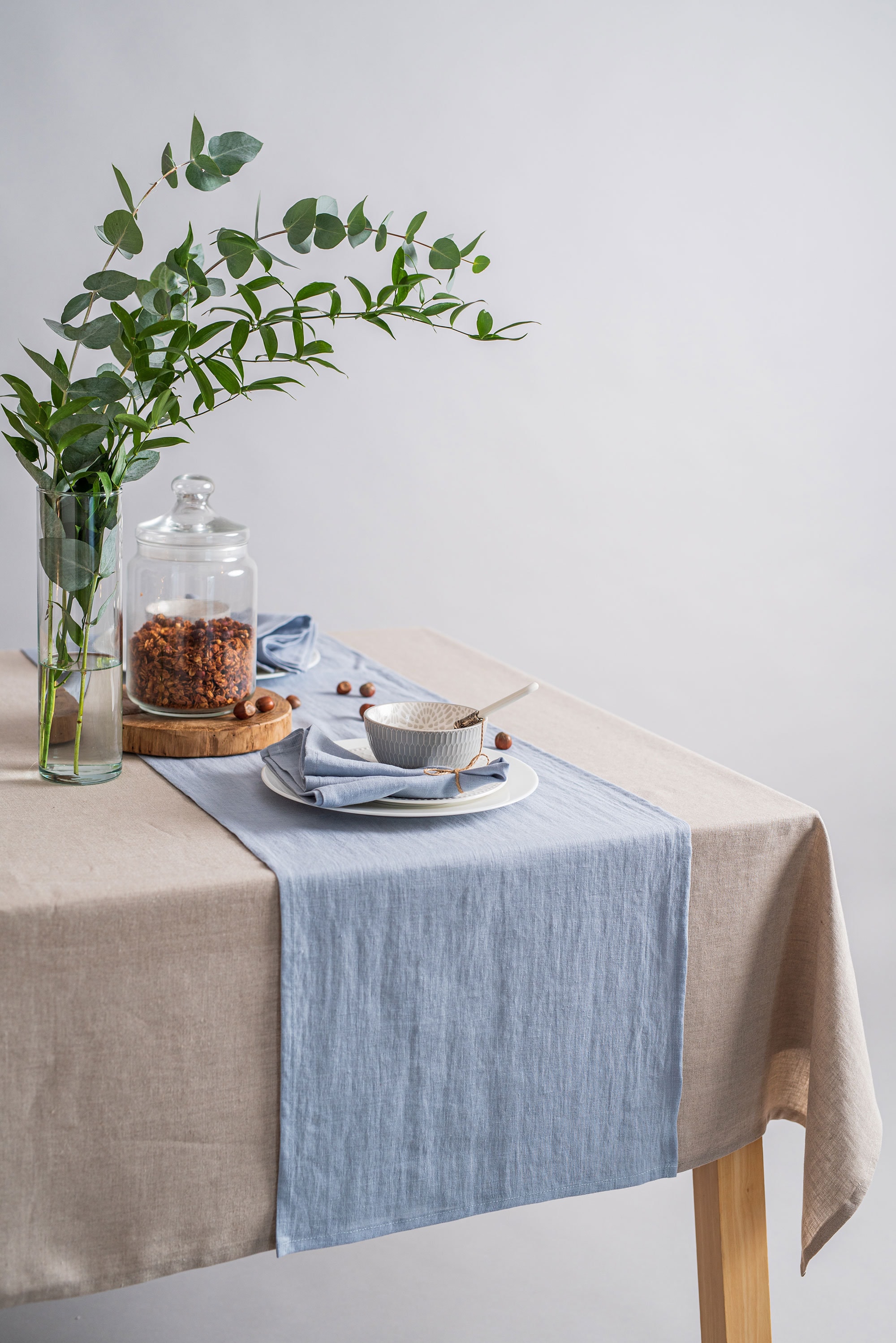 Sky blue linen table runner. Softened linen table runner. Rustic wedding table runner. Kitchen table runner. Natural linen table decor