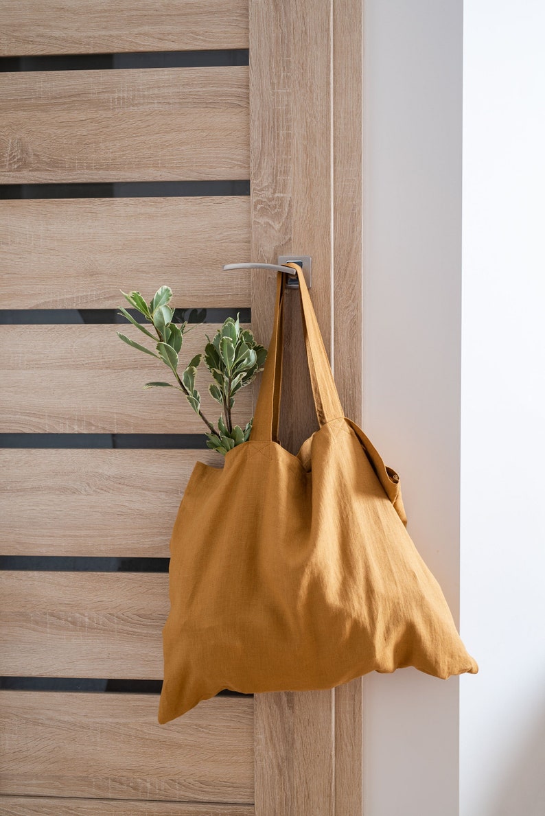 Large and wide mustard yellow linen shopping bag. Linen shoulder bag. Market bag. Natural linen tote bag. Beach bag. Grocery bag. Street bag image 1