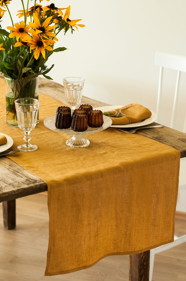 Linen table runner. Mustard yellow softened linen table runner. Rustic wedding table decor. Custom size wedding runner. Natural table decor zdjęcie 2