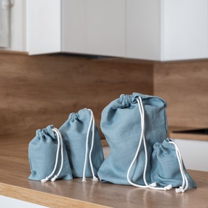 Teal blue linen bread bag set. Reusable linen bread bag. Zero waste storage bag. Natural linen drawstring bag. Sustainable food storage. image 9