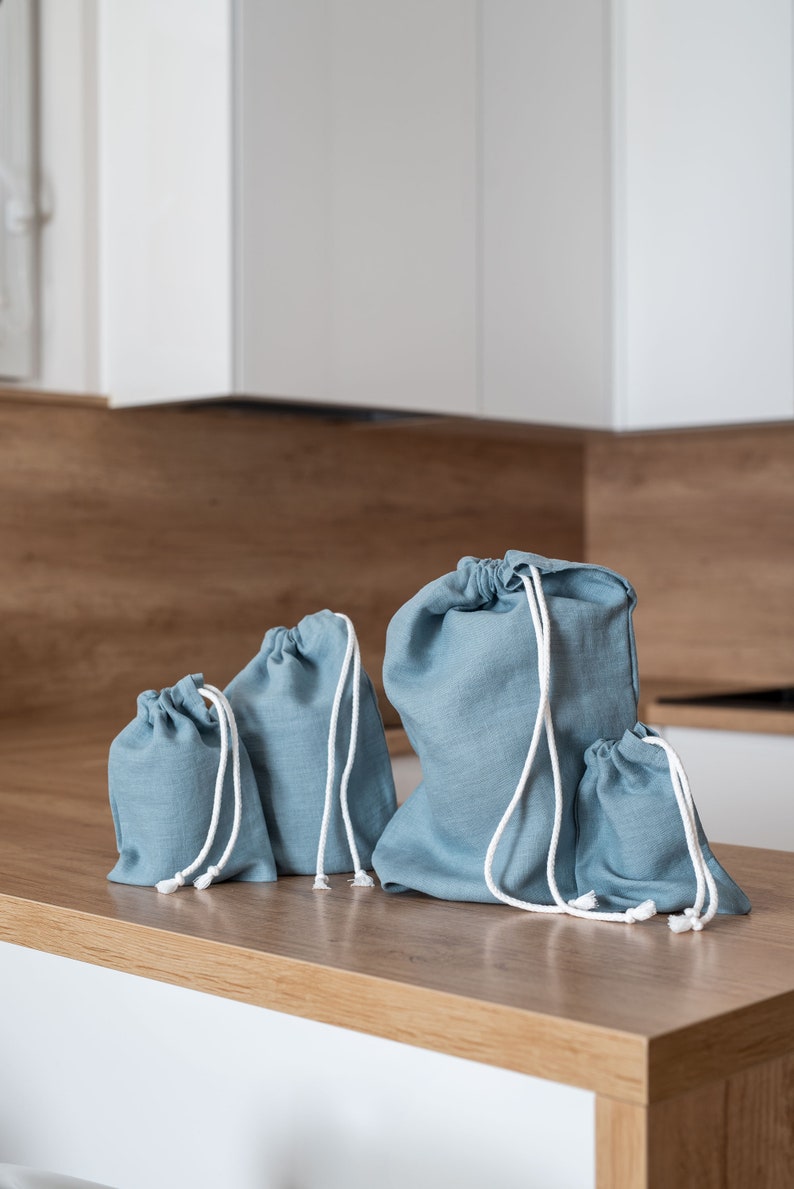 Teal blue linen bread bag set. Reusable linen bread bag. Zero waste storage bag. Natural linen drawstring bag. Sustainable food storage. image 9