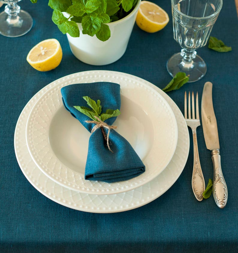 Ocean blue linen table runner Rustic wedding table runner Natural linen table decor Softened linen table runner Kitchen table runner