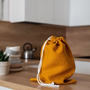 Mustard yellow linen bread bag set. Reusable linen bread bag. Zero waste storage bag. Yellow drawstring bag. Sustainable food storage. image 3