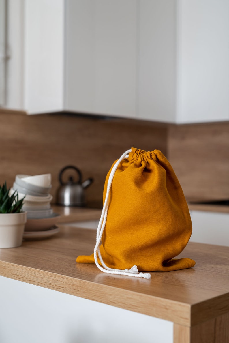 Mustard yellow linen bread bag set. Reusable linen bread bag. Zero waste storage bag. Yellow drawstring bag. Sustainable food storage. image 3