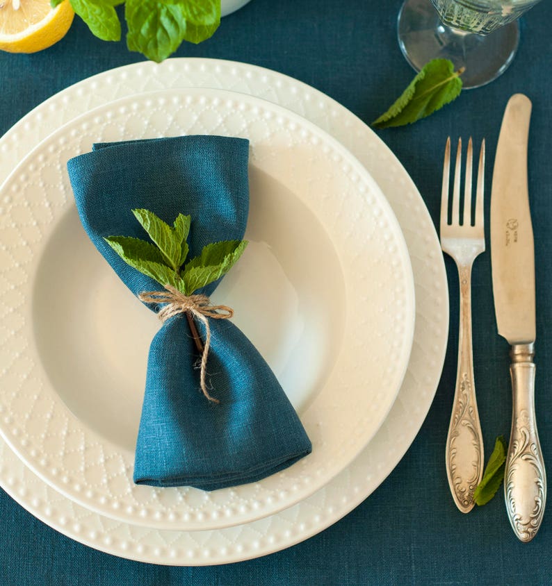Ocean blue linen table runner Rustic wedding table runner Natural linen table decor Softened linen table runner Kitchen table runner
