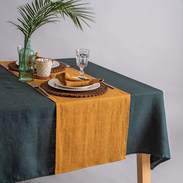 Mustard Yellow Softened Linen Table Runner, Rustic Decor