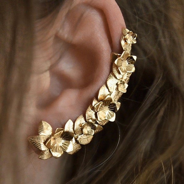 Unique flower and leaf ear cuff