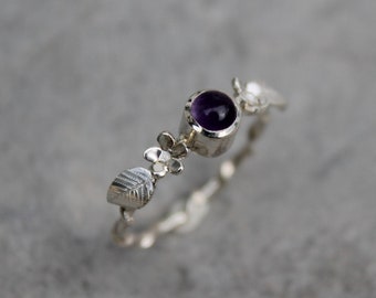 Flower ring and leaves in silver 925 and amethyst