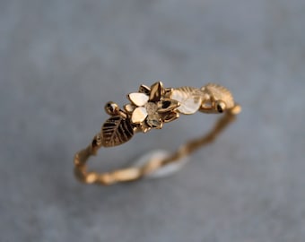 Gold-plated leaves and lotus flower ring