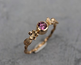 Minimalist flowers and leaves and pink tourmaline ring