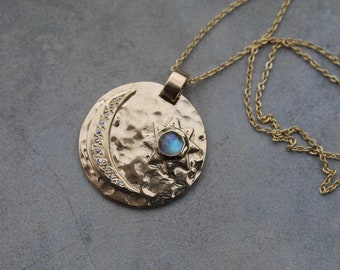 Moon sun and moonstone pendant necklace