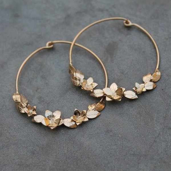 Gold-plated flower and leaf earrings