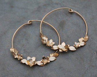 Gold-plated flower and leaf earrings