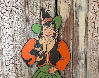 Vintage Halloween Jointed Witch w/ Black Cat Wiggly Dancer  1950s USA