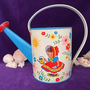 Vintage Ohio Art Tin Litho Watering Can  NOS  Late 1940s-50s Child&#39;s Watering Can  Unsold Store Stock