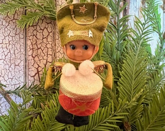 Vintage Christmas Ornament. Cute Pixie Elf Drummer Boy Felt Ornament Made in Japan